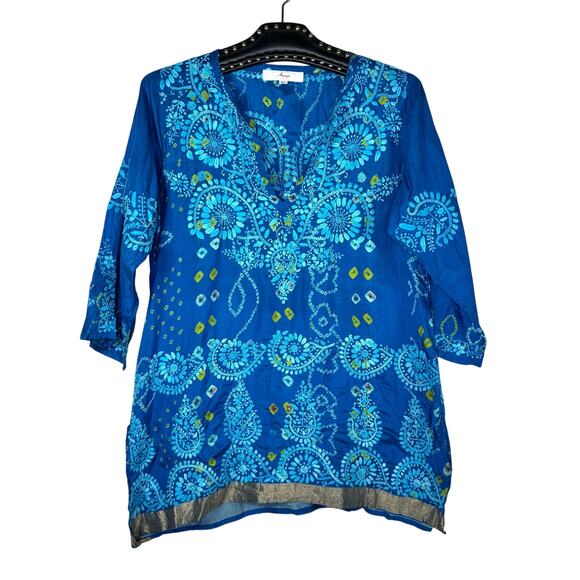 Amaya Blue Embroidered Silk Floral V-Neck Tunic Top 40/Medium - Picture 9 of 9